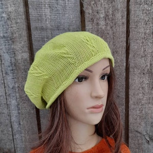 knitted cotton green yellow summer beret, thin slouchy hat image 4