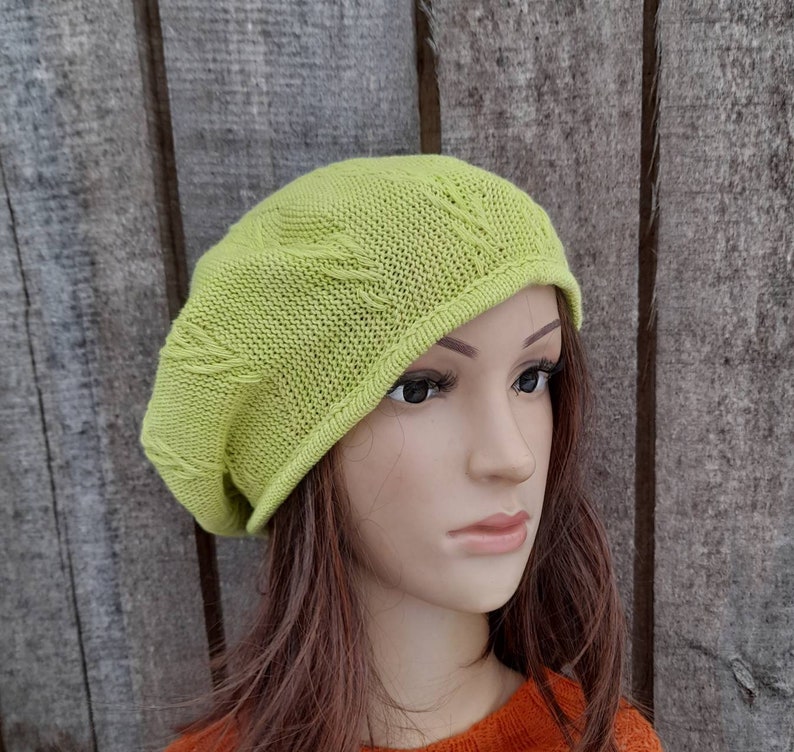 knitted cotton green yellow summer beret, thin slouchy hat image 4
