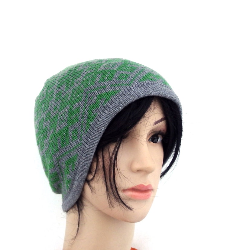 Knitted beanie knitted double winter hat knit wool hat knit head gear colorful patterned gray green cap with lining women men hat