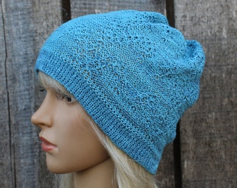 Light blue beanie, natural linen cap, knitting light weight hat, women summer tam, flax sun hat, breathable thin hat, linen hat