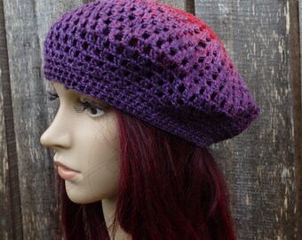 Crocheted colorful purple and red beret hat, handmade lace beanie cap for women, thin cotton cap