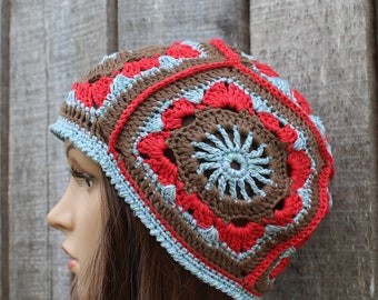 Bonnet coloré au crochet, chapeau carré de grand-mère en coton respirant, chapeau d'été fait main, bonnet rouge marron