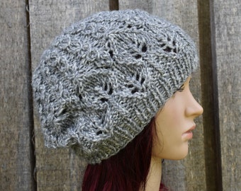 Chapeau, béret en coton gris mélangé tricoté à la main, casquette d'automne non doublée, bonnet en tricot ajouré, cadeau pour elle