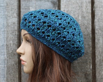 Crocheted colorful blue green beret hat, handmade lace beanie , knitted cotton cap for women, summer  beret, spring hat