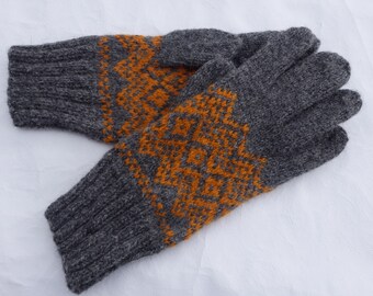 dicke Handschuhe Größe L, gestrickte Handschuhe aus Wolle mit Fingern, Handstulpen grau orange