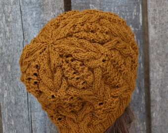 Wool brown winter hat, handmade warm cabled beanie hat, hand knit lace cap, Knitting brim hat, winter closing