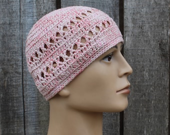 Crocheted colorful beanie hat, breathable cotton pink cap, handmade solid summer  hat