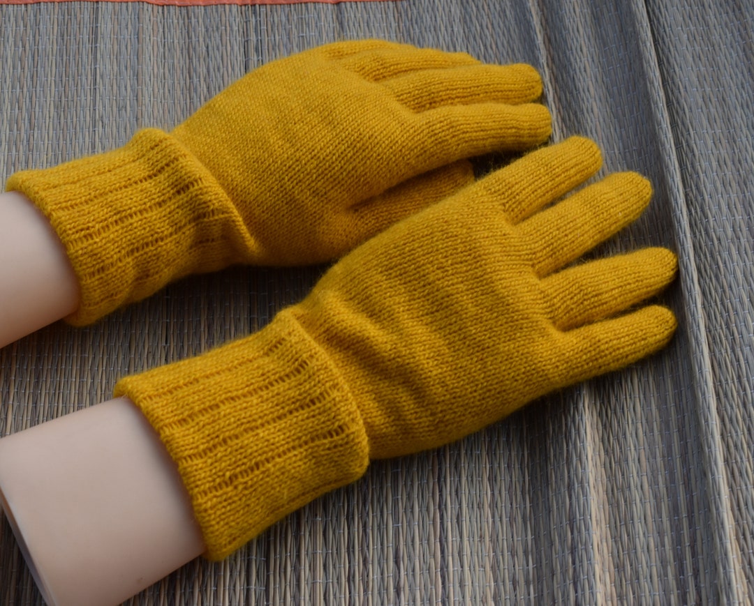 Knitted Merino Wool Warm Yellow Winter Gloves for Women Etsy