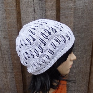 Knitted cotton white beanie, knit light weight summer beanie
