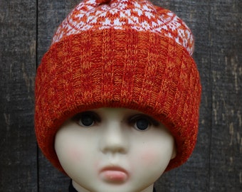 Bonnet doublé pour enfants en tricot, bonnet double en tricot, bonnet d'hiver en tricot avec bord en tricot, bonnet chaud orange blanc, bonnet jacquard