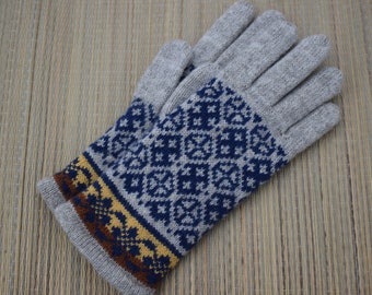 Gants en laine à doigts, gants bleu gris tricotés, gants lettons avec doigts, gants d'hiver faits à la main, chauffe-bras en laine