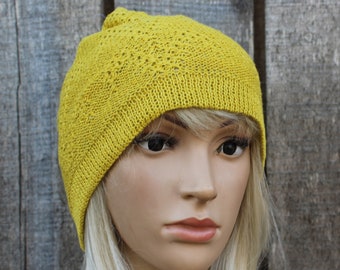 Yellow beanie, natural linen cap, knitting light weight hat, women summer tam, flax sun hat, breathable thin hat, linen hat