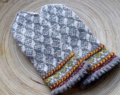 knitted wool mittens, handknit latvian mittens, patterned gray white yellow mitts, knit colorful winter gloves, nordic arm warmers, muffs