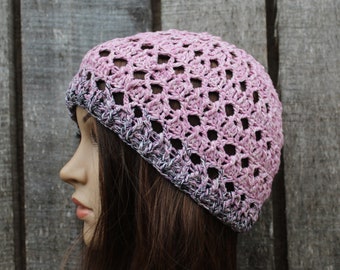 Crocheted colorful beanie hat, breathable cotton pink white cap, handmade solid summer  hat, sun hat