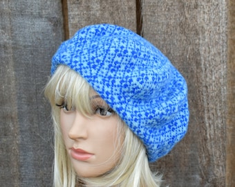 Béret classique en laine bleue tricotée pour femme, béret jacquard jacquard, chapeau chaud coloré, non doublé ample