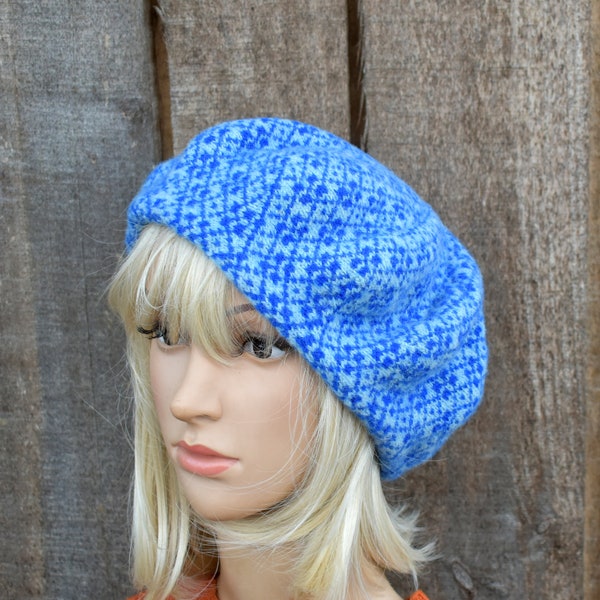 knitted blue wool classic beret hat for women, Fair isle beret hat, colorful warm hat, unlined slouchy