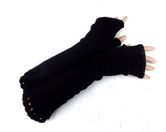 knit black long wool fingerless gloves