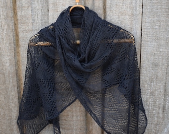 Thin summer lace shawl, knitted gray linen scarf, wrap for women