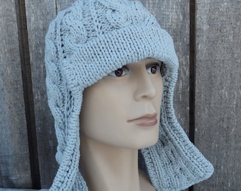 Bonnet gris avec cache-oreilles tricoté à la main, taille M/L, bonnet en coton gris