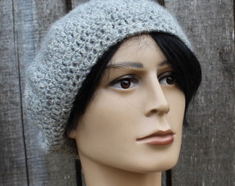 Crocheted mohair women gray beret hat, Handmade  men Scottish beret, Unisex slouchy hat