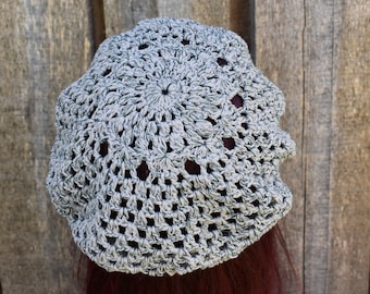 Béret d'été en coton gris vert coloré au crochet, béret français en dentelle fait main pour femme