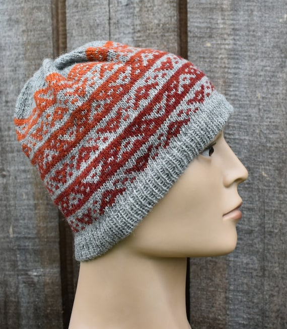 Warm men skull cap, knit wool colorful gray orange winter hat, handmade  Latvian tam