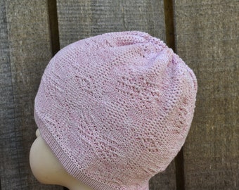 Knitted children hat, knit thin pink summer skull cap, handmade cotton sun hat.