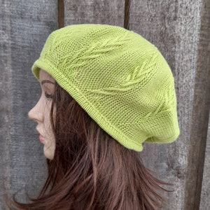 knitted cotton green yellow summer beret, thin slouchy hat image 1