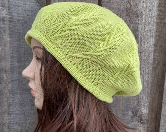 knitted cotton green - yellow summer beret, thin slouchy hat