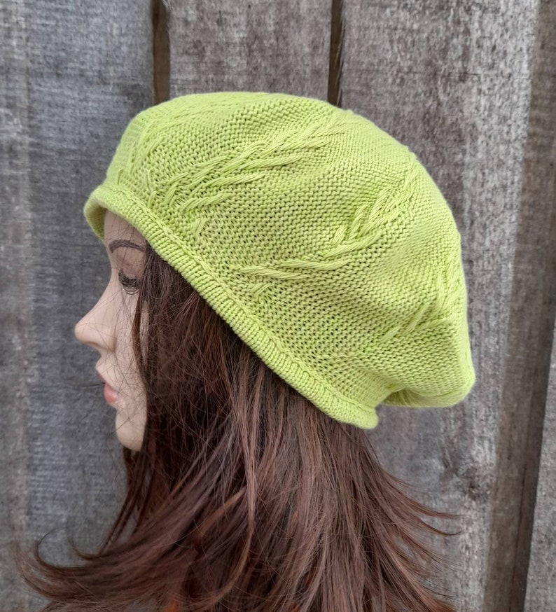 knitted cotton green yellow summer beret, thin slouchy hat image 1