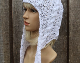 Hand knitted white ear flap hat,  handmade cotton trapper hat, knitting summer hat.