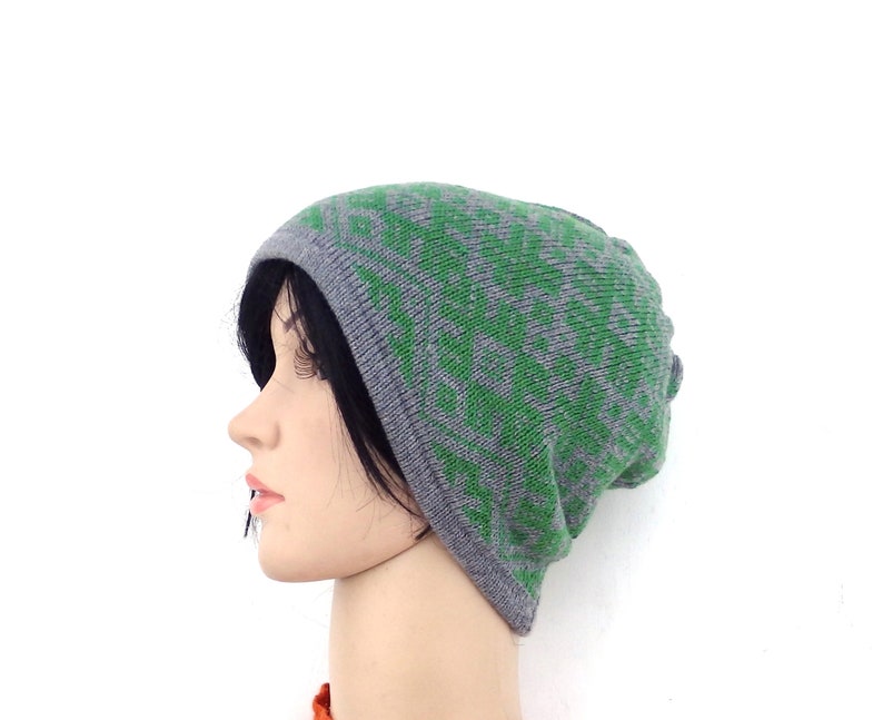 Knitted beanie knitted double winter hat knit wool hat knit head gear colorful patterned gray green cap with lining women men hat