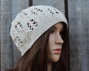 Hand knitted cotton summer hat, beige lace beanie, women cap, linen open work cap