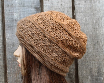 Knitted brown cotton summer hat, knit colorful thin beanie, breathable cap. spring hat