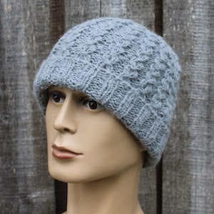 Handknit warm gray alpaca winter hat