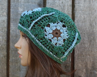 Bonnet coloré au crochet, chapeau carré de grand-mère en coton respirant, chapeau d'été fait main, bonnet rouge marron