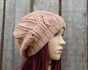 Bonnet d'hiver rose en laine tricotée, bonnet chaud côtelé fait main, bonnet en dentelle tricoté à la main, chapeau à bord