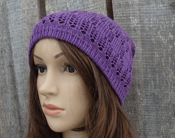 Casquette en coton tricoté, chapeau bonnet violet, chapeau d'été en dentelle tricotée, chapeau de soleil respirant fait à la main,