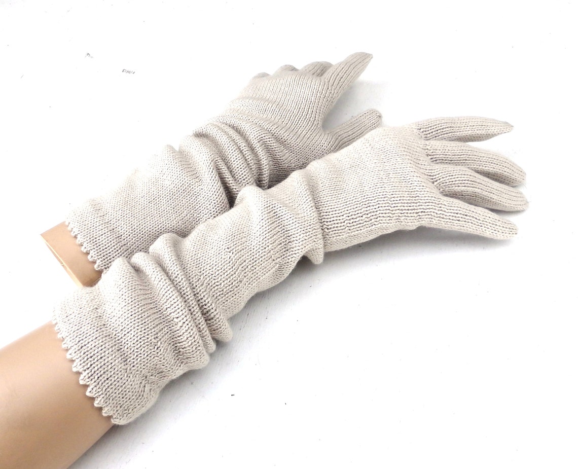 Knitted Fingered Gloves Knit Long Full Gloves Light Gray Etsy