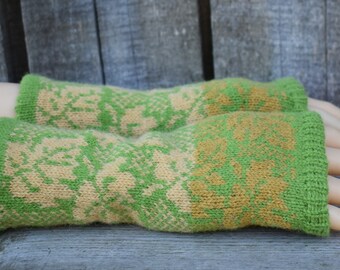 Manchettes lettones tricotées pour femmes, mitaines en laine faites main, demi-mitaines taille M/L, gants jaunes verts non doublés