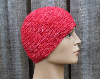 Crocheted colorful beanie hat, breathable cotton red cap, handmade solid summer  hat