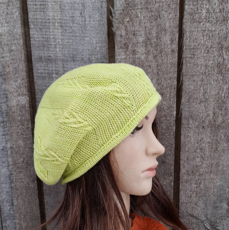 knitted cotton green yellow summer beret, thin slouchy hat image 5