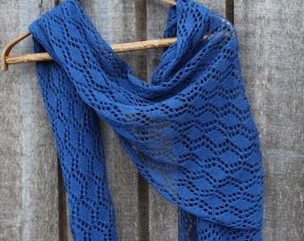 knit  light weight lace  cotton blue shawl, wrap for women, handmade rectangle scarf