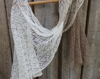 Shawl, white linen scarf, knit white lace flax wrap,