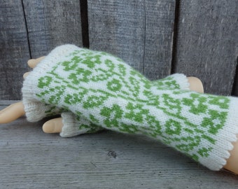 knitted women Latvian arm warmers, handmade wool fingerless gloves, size M/L half mittens, unlined  green, blue gloves