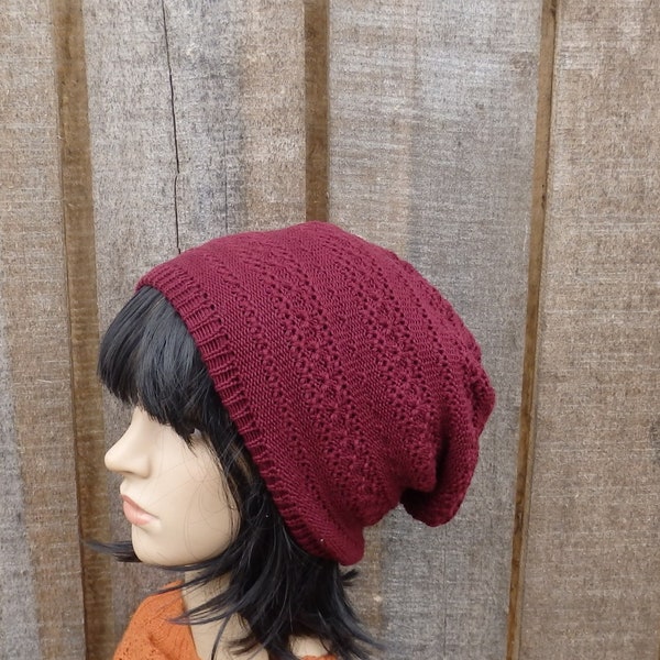 Knitted cotton summer beanie, cotton dark red hat, knit cap