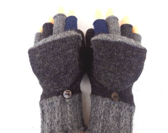 convertible gloves, knit gray wool hooded gloves, grey cabriolet winter gloves, women gloves, size M arm warmers,  knit men mittens