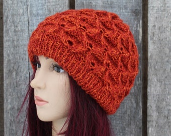 Knitted wool colorful  warm winter hat, handmade  orange hat, lined beanie, lace hat with knit lining