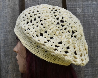 Crocheted light yellow cotton summer beret, handmade lace French beret for women, sun hat