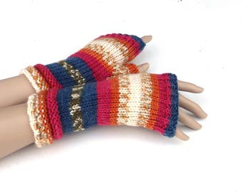 Fingerless gloves, knit colorful gloves, women arm warmers, striped fingerless mittens, winter gloves, autumn wrist warmers, boho gloves